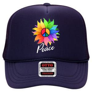 Cute Rainbow Peace Symbol Flower High Crown Mesh Back Trucker Hat