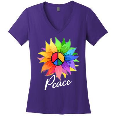 Cute Rainbow Peace Symbol Flower Women's V-Neck T-Shirt