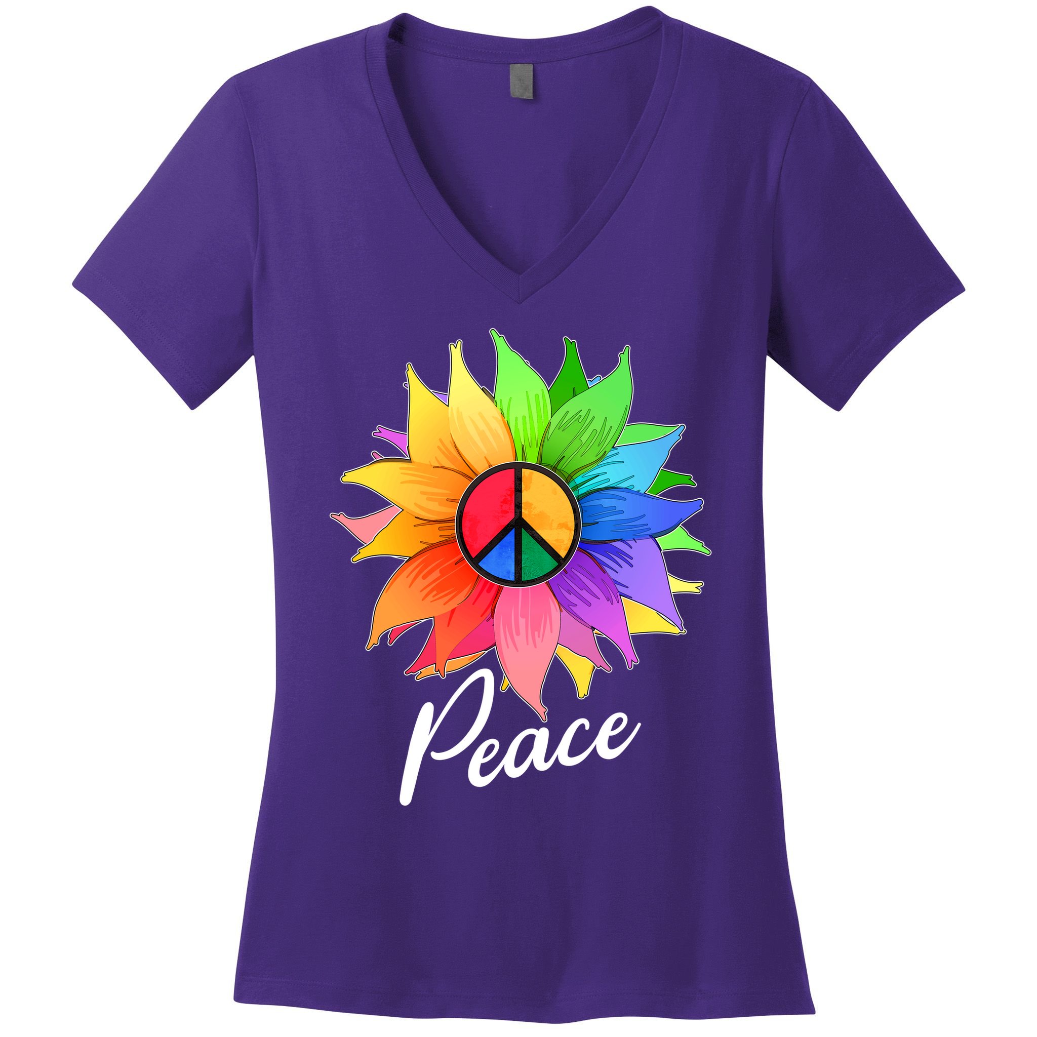 Cute Rainbow Peace Symbol Flower Women's V-Neck T-Shirt