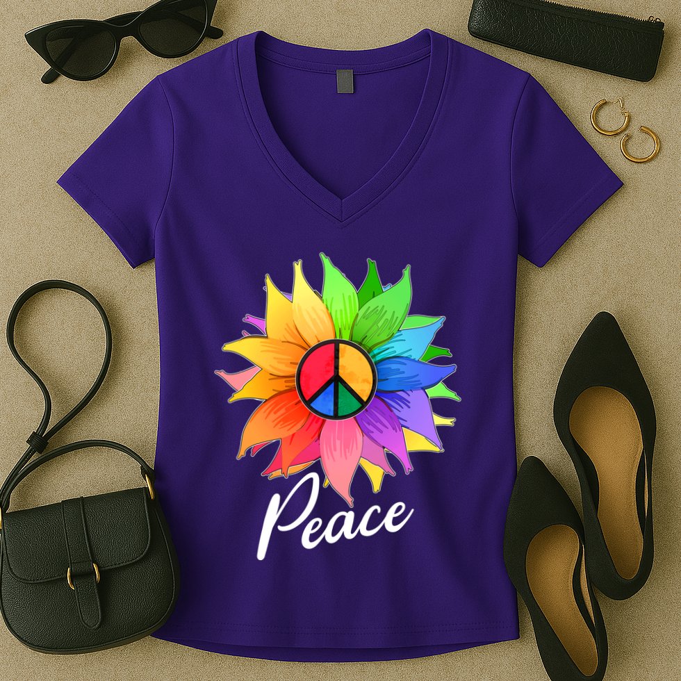 Cute Rainbow Peace Symbol Flower Women's V-Neck T-Shirt