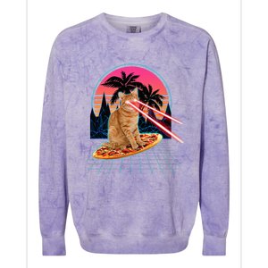 Cat Riding Pizza Laser Eyes 80s Cat In Space Cats Lovers Colorblast Crewneck Sweatshirt