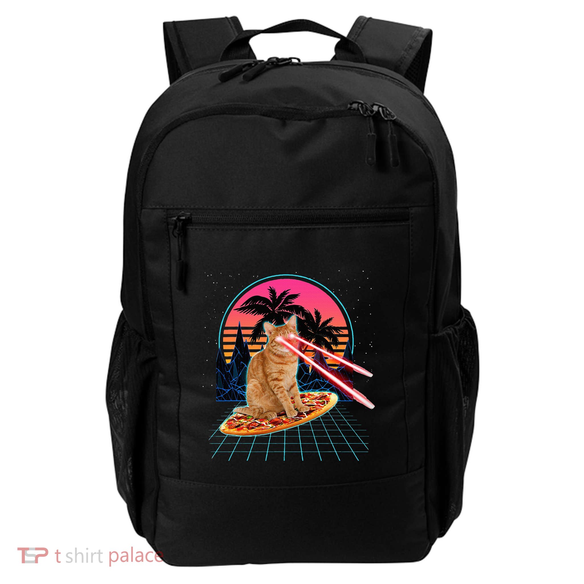 Cat Riding Pizza Laser Eyes 80s Cat In Space Cats Lovers Daily Commute Backpack