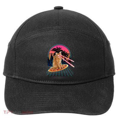 Cat Riding Pizza Laser Eyes 80s Cat In Space Cats Lovers 7-Panel Snapback Hat