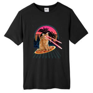 Cat Riding Pizza Laser Eyes 80s Cat In Space Cats Lovers Tall Fusion ChromaSoft Performance T-Shirt