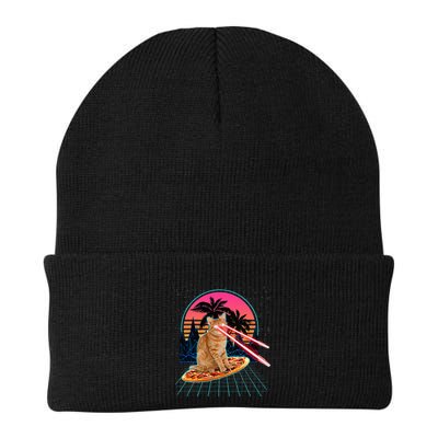 Cat Riding Pizza Laser Eyes 80s Cat In Space Cats Lovers Knit Cap Winter Beanie