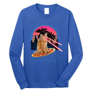 Cat Riding Pizza Laser Eyes 80s Cat In Space Cats Lovers Long Sleeve Shirt