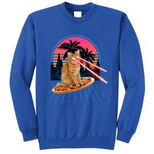 Cat Riding Pizza Laser Eyes 80s Cat In Space Cats Lovers Sweatshirt