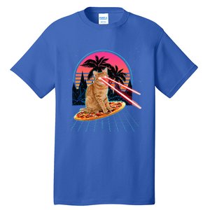 Cat Riding Pizza Laser Eyes 80s Cat In Space Cats Lovers Tall T-Shirt