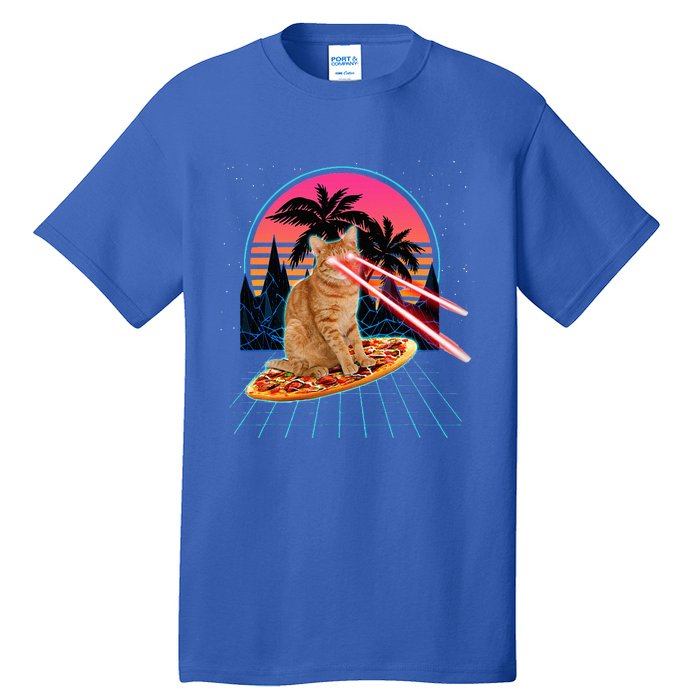 Cat Riding Pizza Laser Eyes 80s Cat In Space Cats Lovers Tall T-Shirt