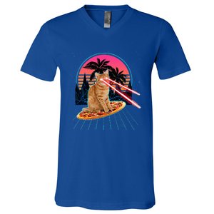 Cat Riding Pizza Laser Eyes 80s Cat In Space Cats Lovers V-Neck T-Shirt