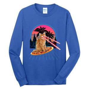 Cat Riding Pizza Laser Eyes 80s Cat In Space Cats Lovers Tall Long Sleeve T-Shirt