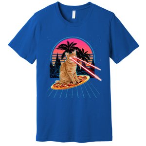 Cat Riding Pizza Laser Eyes 80s Cat In Space Cats Lovers Premium T-Shirt