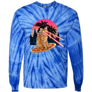 Cat Riding Pizza Laser Eyes 80s Cat In Space Cats Lovers Tie-Dye Long Sleeve Shirt