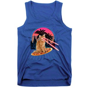 Cat Riding Pizza Laser Eyes 80s Cat In Space Cats Lovers Tank Top