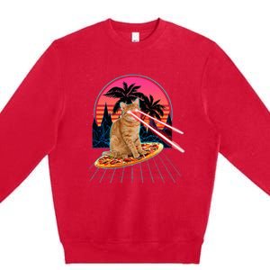 Cat Riding Pizza Laser Eyes 80s Cat In Space Cats Lovers Premium Crewneck Sweatshirt