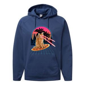 Cat Riding Pizza Laser Eyes 80s Cat In Space Cats Lovers Performance Fleece Hoodie