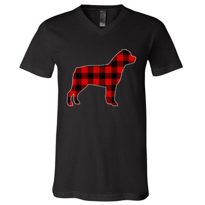 Christmas Rottweiler Pajama Pj Christmas Dog Buffalo Plaid V-Neck T-Shirt