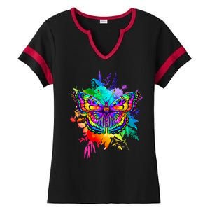 Colorful Rainbow Painted Butterfly Flowers Ladies Halftime Notch Neck Tee