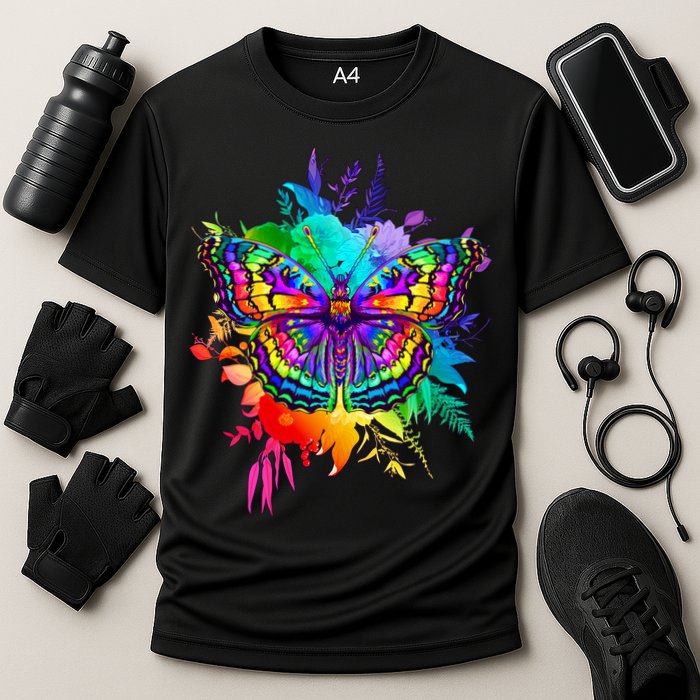 Colorful Rainbow Painted Butterfly Flowers Performance Shirt