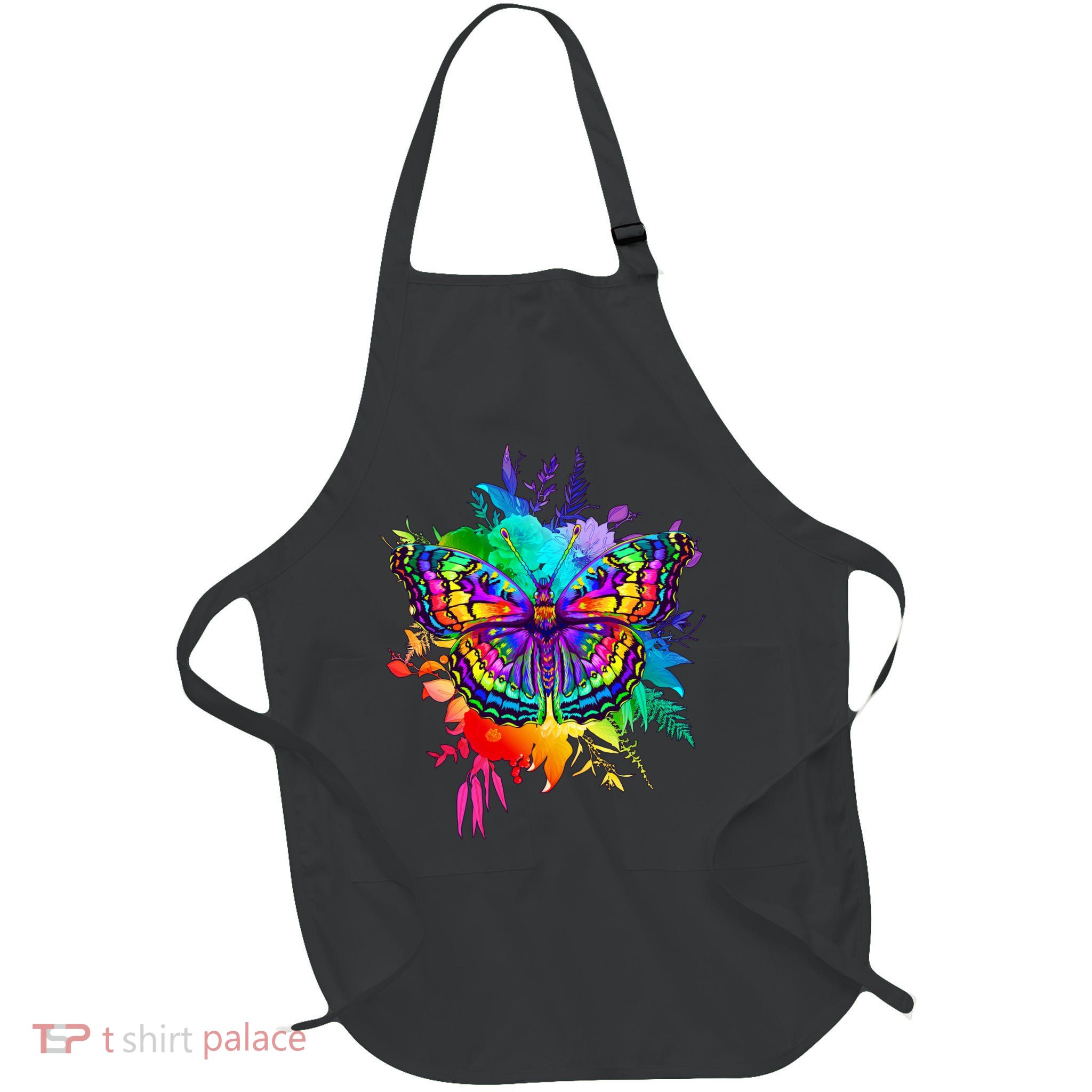 Colorful Rainbow Painted Butterfly Flowers Full-Length Apron With Pockets