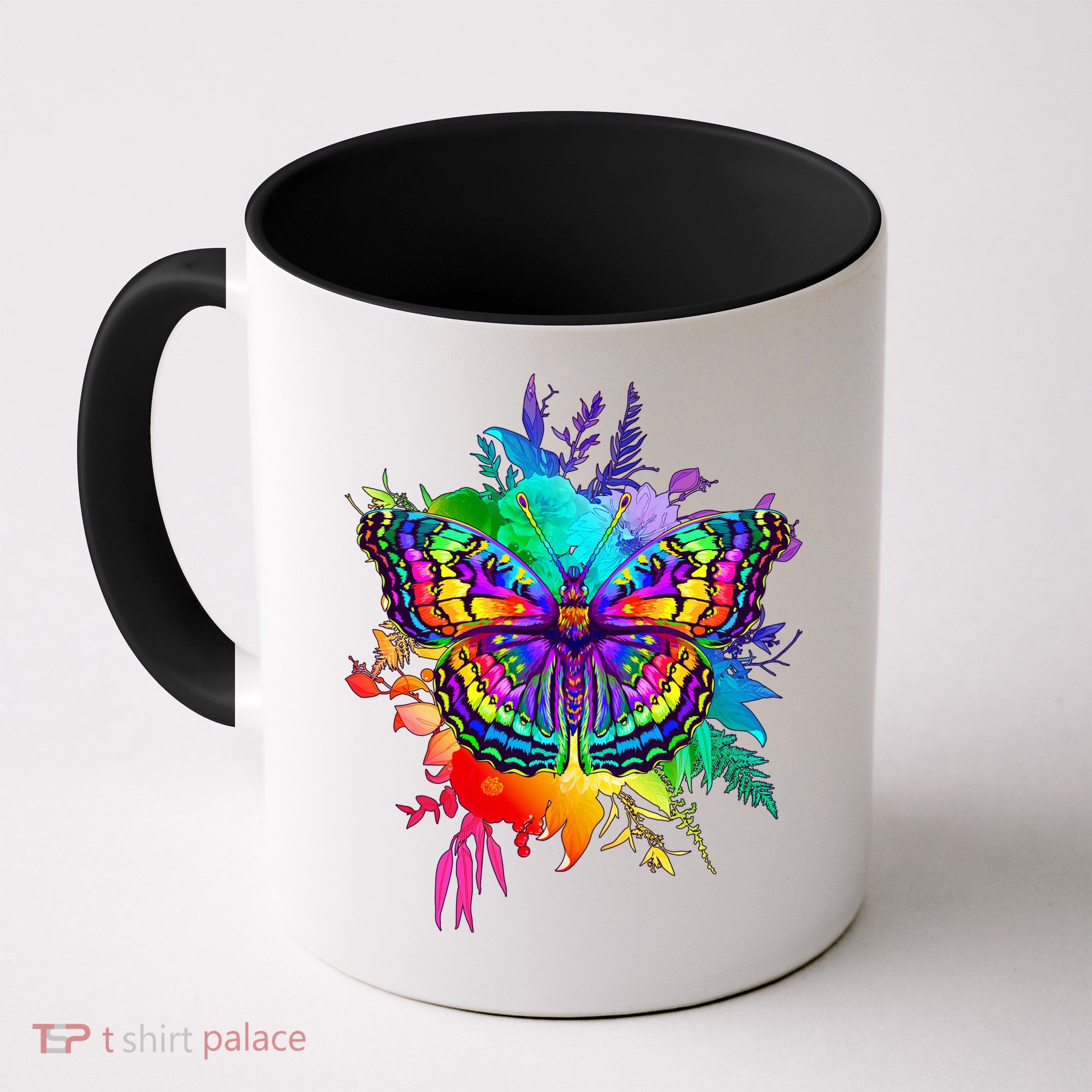 Colorful Rainbow Painted Butterfly Flowers Mug