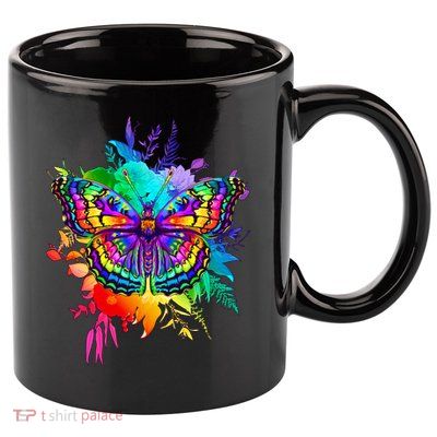 Colorful Rainbow Painted Butterfly Flowers 11oz C Handle Ceramic Mug