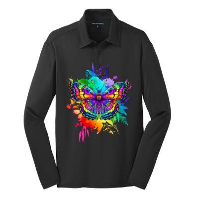 Colorful Rainbow Painted Butterfly Flowers Silk Touch Performance Long Sleeve Polo