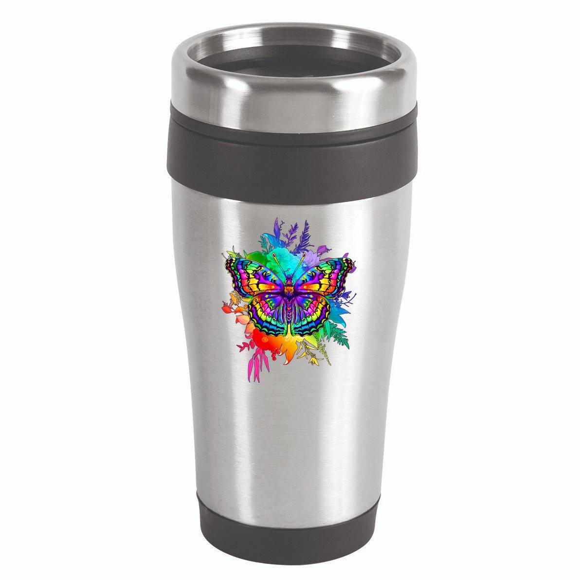 Colorful Rainbow Painted Butterfly Flowers 16oz Travel Tumbler