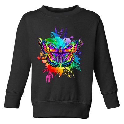 Colorful Rainbow Painted Butterfly Flowers Toddler Sweatshirt