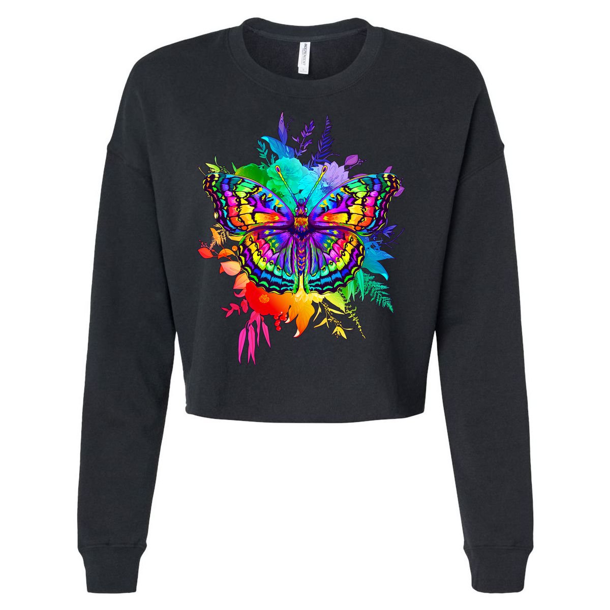 Colorful Rainbow Painted Butterfly Flowers Cropped Pullover Crew