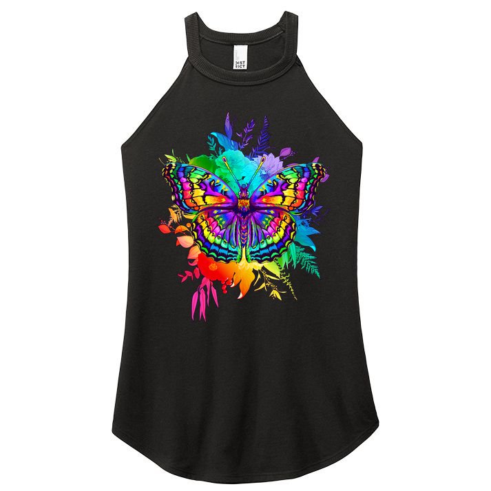 Colorful Rainbow Painted Butterfly Flowers Women's Perfect Tri Rocker Tank