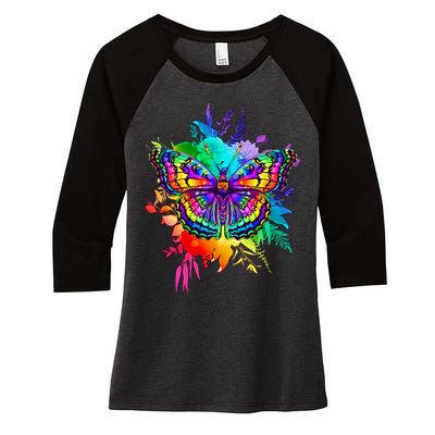 Colorful Rainbow Painted Butterfly Flowers Women's Tri-Blend 3/4-Sleeve Raglan Shirt