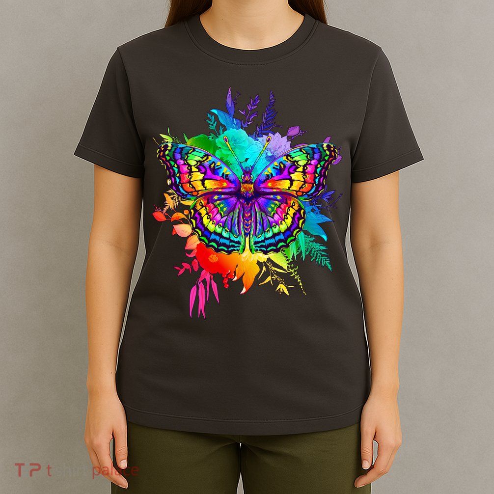 Colorful Rainbow Painted Butterfly Flowers T-Shirt