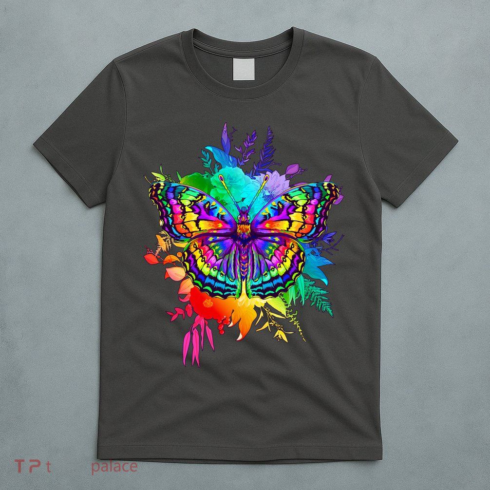 Colorful Rainbow Painted Butterfly Flowers T-Shirt