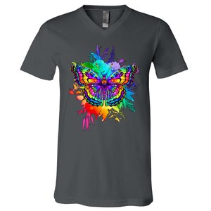 Colorful Rainbow Painted Butterfly Flowers V-Neck T-Shirt