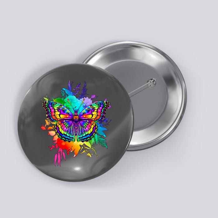 Colorful Rainbow Painted Butterfly Flowers Button