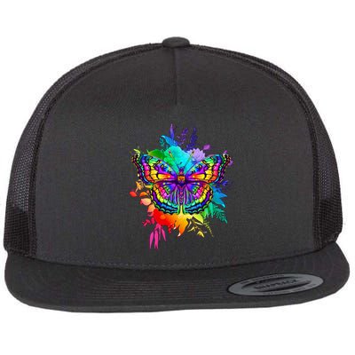 Colorful Rainbow Painted Butterfly Flowers Flat Bill Trucker Hat