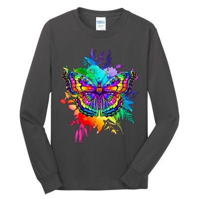 Colorful Rainbow Painted Butterfly Flowers Tall Long Sleeve T-Shirt