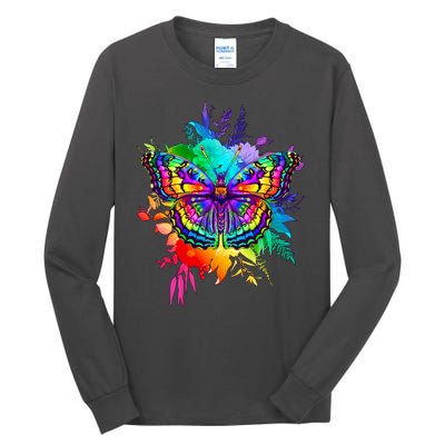 Colorful Rainbow Painted Butterfly Flowers Tall Long Sleeve T-Shirt