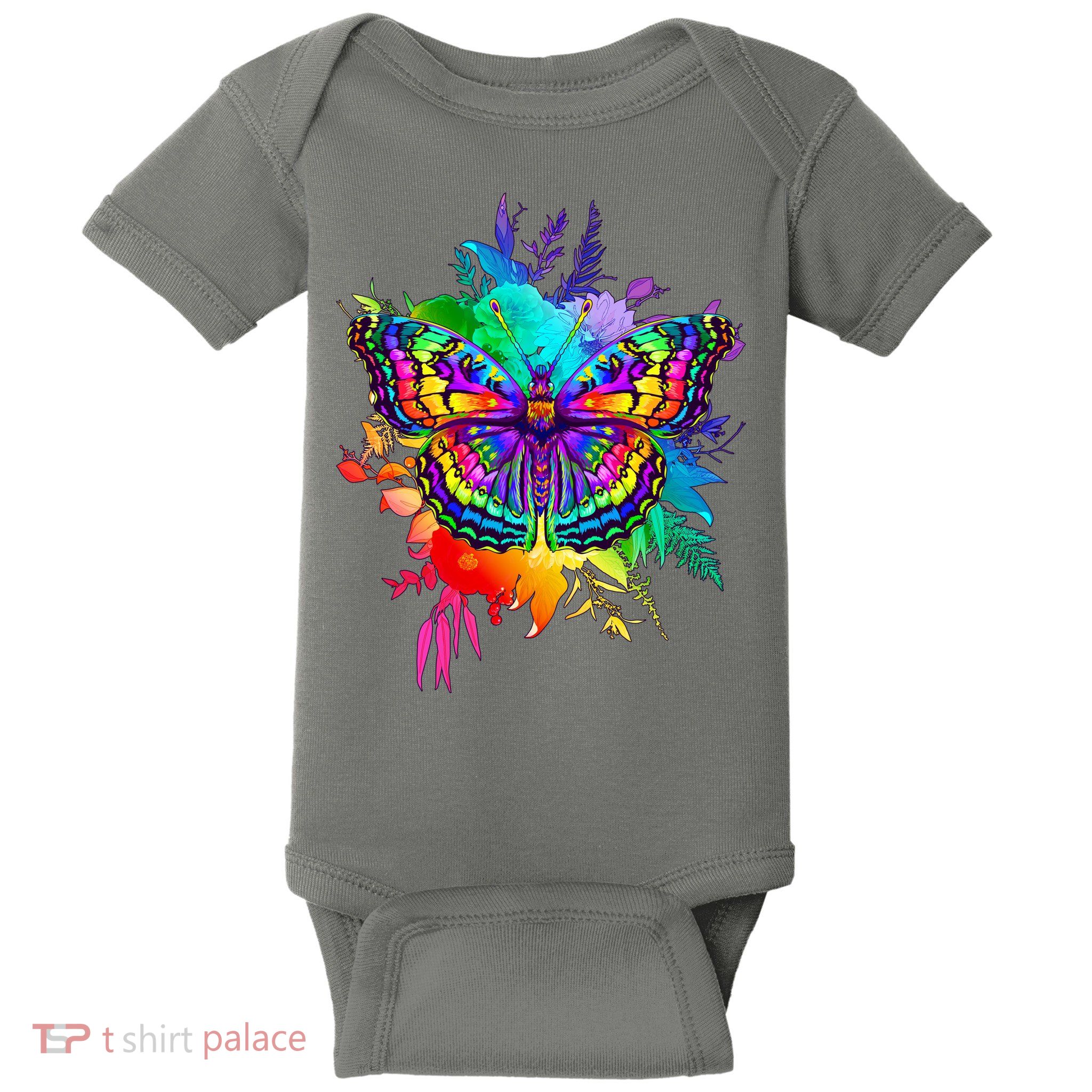 Colorful Rainbow Painted Butterfly Flowers Baby Bodysuit