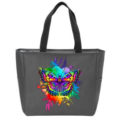 Colorful Rainbow Painted Butterfly Flowers Zip Tote Bag