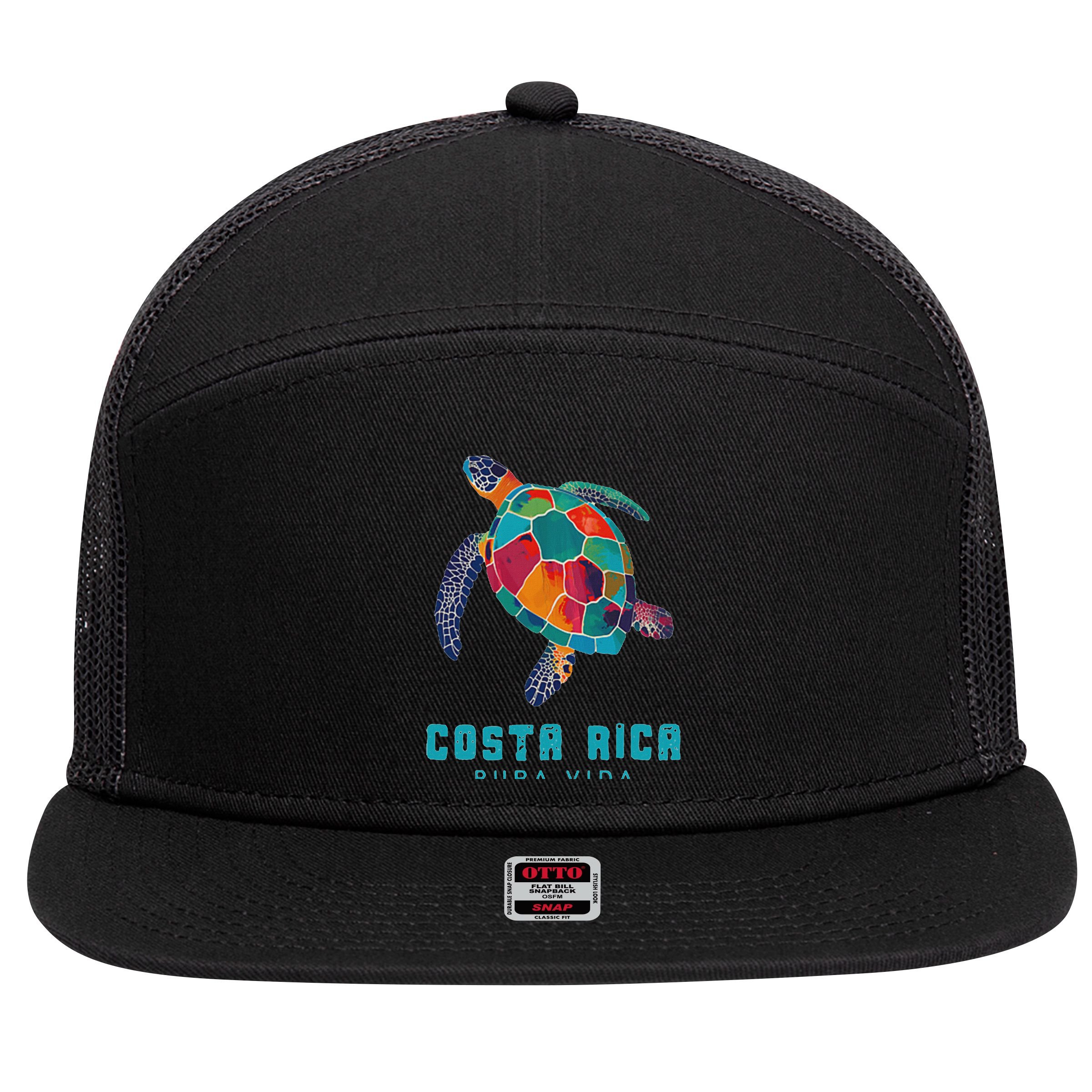 Costa Rica Pura Vida Vintage Vacation Beach Sea Turtle 7 Panel Mesh Trucker Snapback Hat