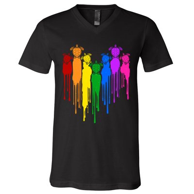 Cute Rainbow Painted Turtles Heart V-Neck T-Shirt