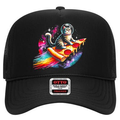 Cat Riding Pizza Galaxy Kitten Outerspace Galaxy Cat High Crown Mesh Back Trucker Hat