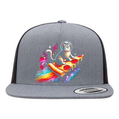 Cat Riding Pizza Galaxy Kitten Outerspace Galaxy Cat Flat Bill Trucker Hat