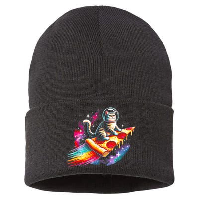 Cat Riding Pizza Galaxy Kitten Outerspace Galaxy Cat Sustainable Knit Beanie