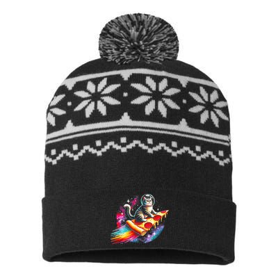 Cat Riding Pizza Galaxy Kitten Outerspace Galaxy Cat USA-Made Snowflake Beanie