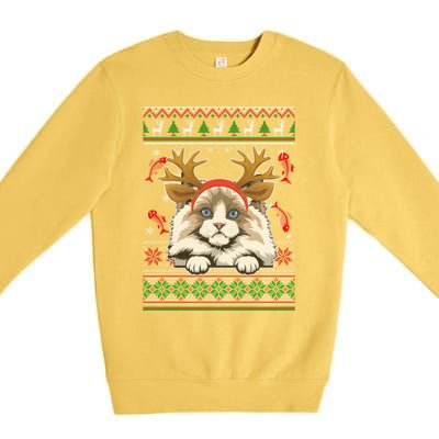 Cute Reindeer Ragdoll Cat Xmas Lights Ugly Christmas Cute Gift Premium Crewneck Sweatshirt