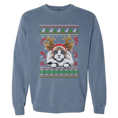 Cute Reindeer Ragdoll Cat Xmas Lights Ugly Christmas Cute Gift Garment-Dyed Sweatshirt