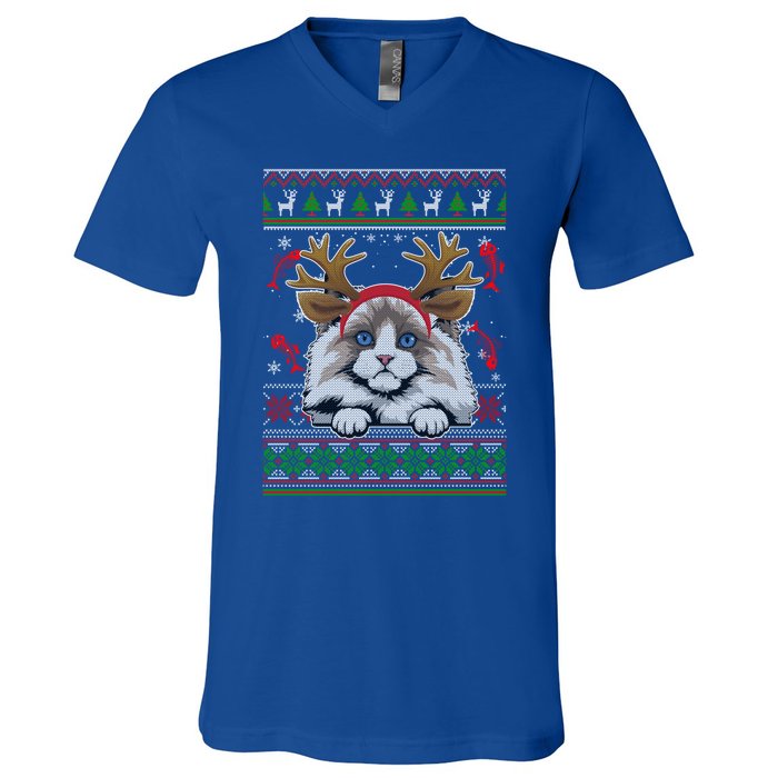 Cute Reindeer Ragdoll Cat Xmas Lights Ugly Christmas Cute Gift V-Neck T-Shirt